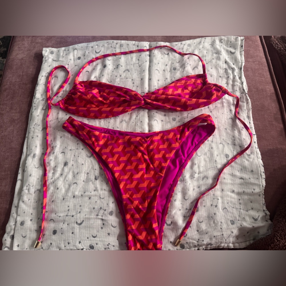 Monday Swimwear Geometric Pink & Orange String Bikini Set